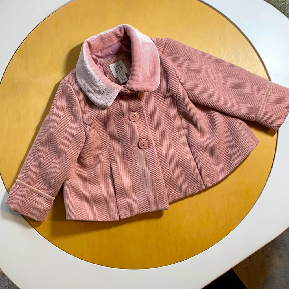 Baby Gap velvety collar lapel jacket with bottoms and bows on sleeves .